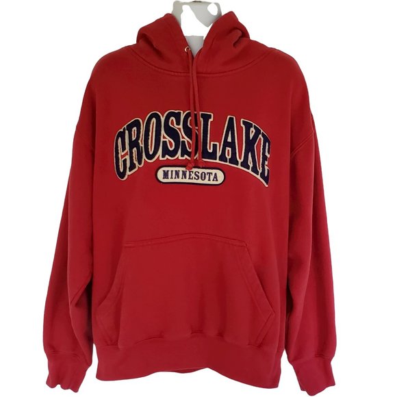 Cross Lake Minnesota Red Fleece Hoodie Sweatshirt Large Kangaroo Pocket - Picture 2 of 6